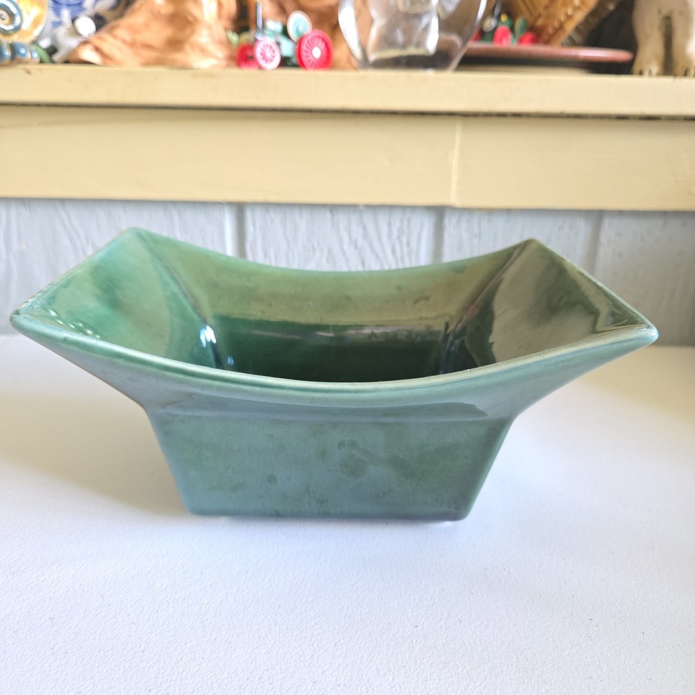 Vintage Hunter Green Ceramic Planter Dish Hull Marked 827 USA Square Glazed